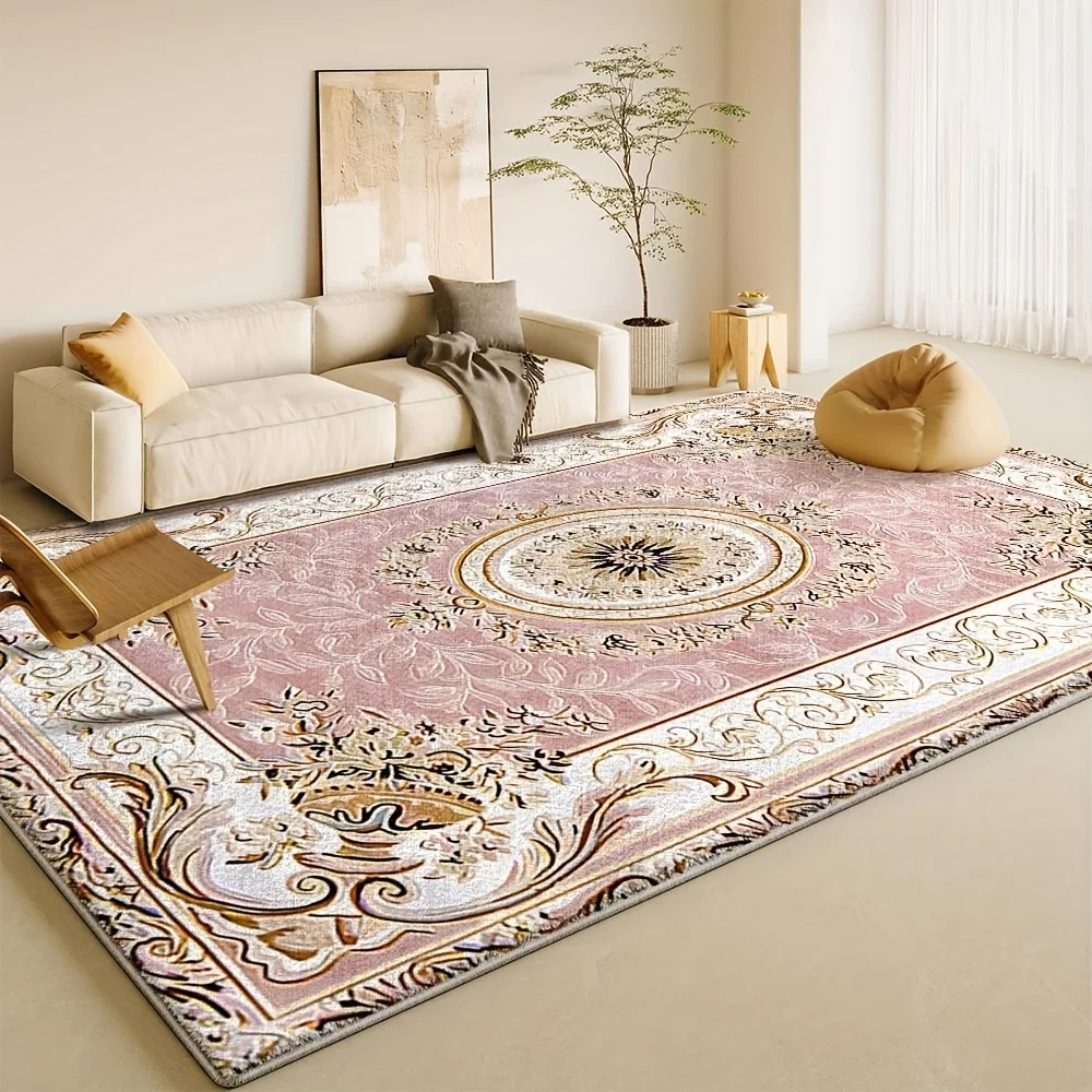 VIKAMA Pink Vintage European Floral Area Rug Luxury Medallion Ornate Border Non‑slip Soft Living Room Carpet