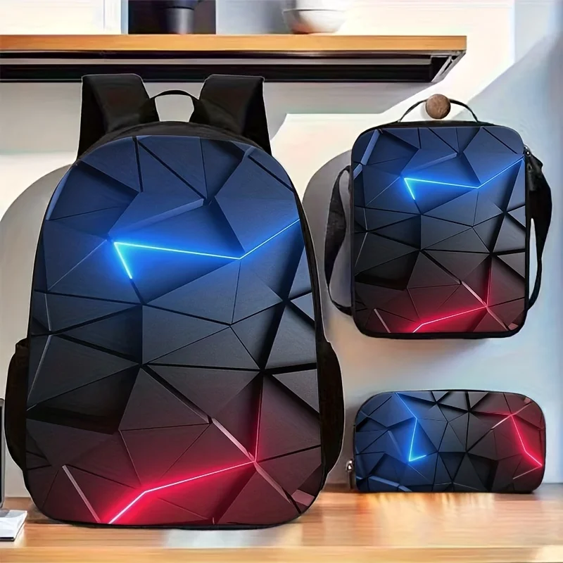3pcs Geometric Pattern Print Backpack Set (Includes Lunch Bag And Pencil Case) - Ultra-Soft Durable Material, Adjustable Straps,