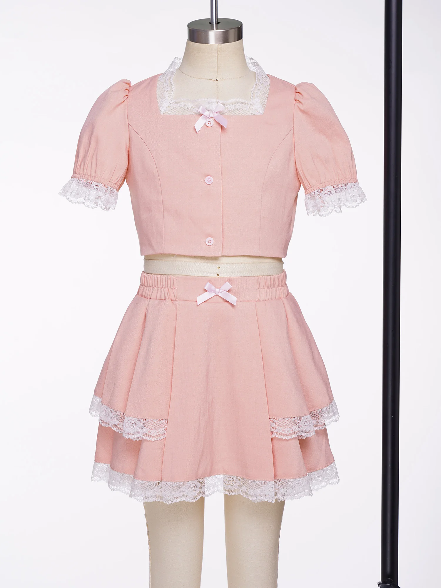 Kids Girls Bowknot Lace Trim Outfit Short Puff Sleeves Button Crop Top with Ruffled Layered Skirt for Birthday Party Vacation
