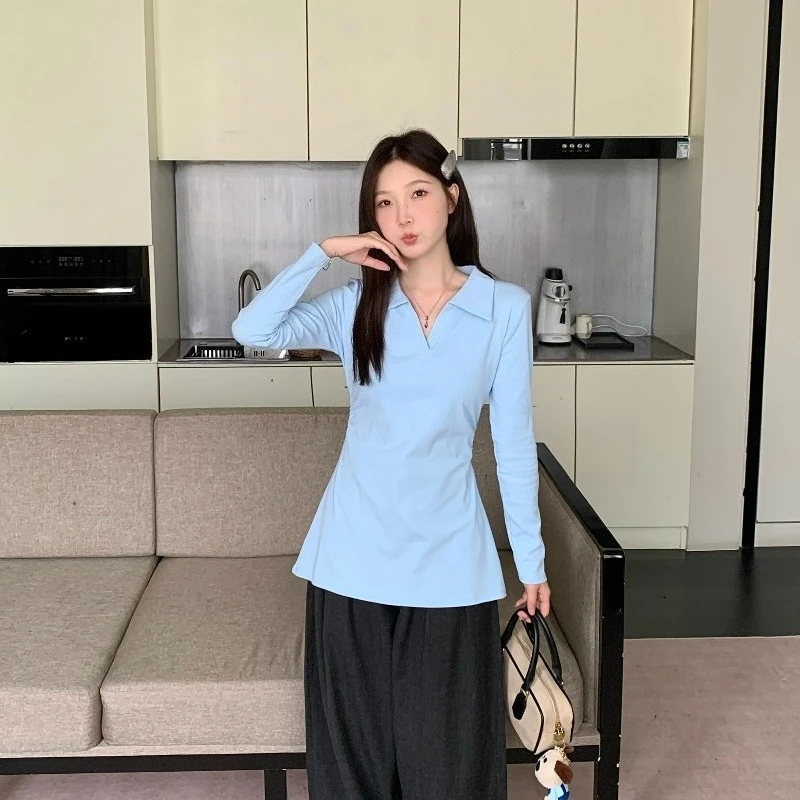 

Женская футболка с воротником-поло, зауженной талией, плиссировкой и длинными рукавами, осень 2023, новая модель, приталенный крой, скрывающая живот, повседневная одежда ​