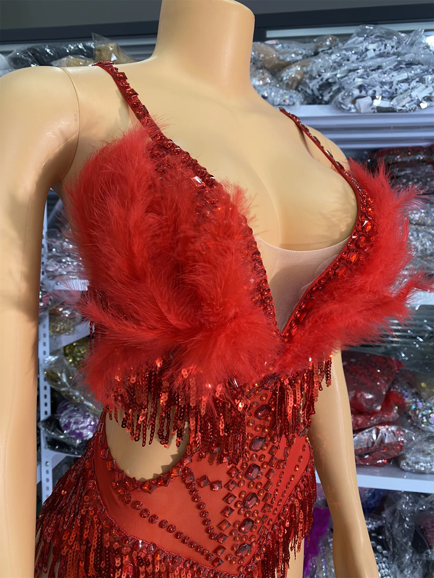 

Red Rhinestones Sequines Tassel Feathers Deep V Neck Cut Out Mesh Bodysuit Adult Performer Dancer Shower Evening Party Clubwwear