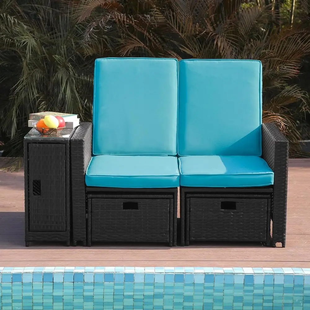 

Outdoor Wicker Loveseat Set with Cushions - Adjustable Lounge Chair and Ottoman for Patio, Garden, Balcony, Beach, and Deck