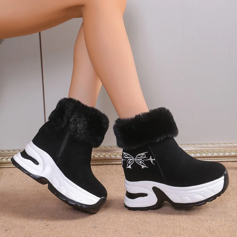 Women's Cotton Boots Winter New Thick Soles with Fleece Inner Elevating Zipper Snow Boots Comfortable Wear-resistant Short Boots