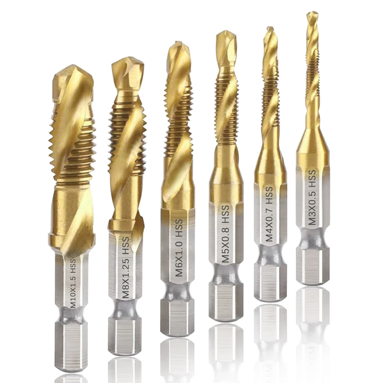 6Pcs HSS-4241 Titanium Coated Screw Tap Drill Bit Set M3 M4 M5 M6 M8 M10 Screw Thread Tools With 1/4\'\' Hex Shank For Metal Wood