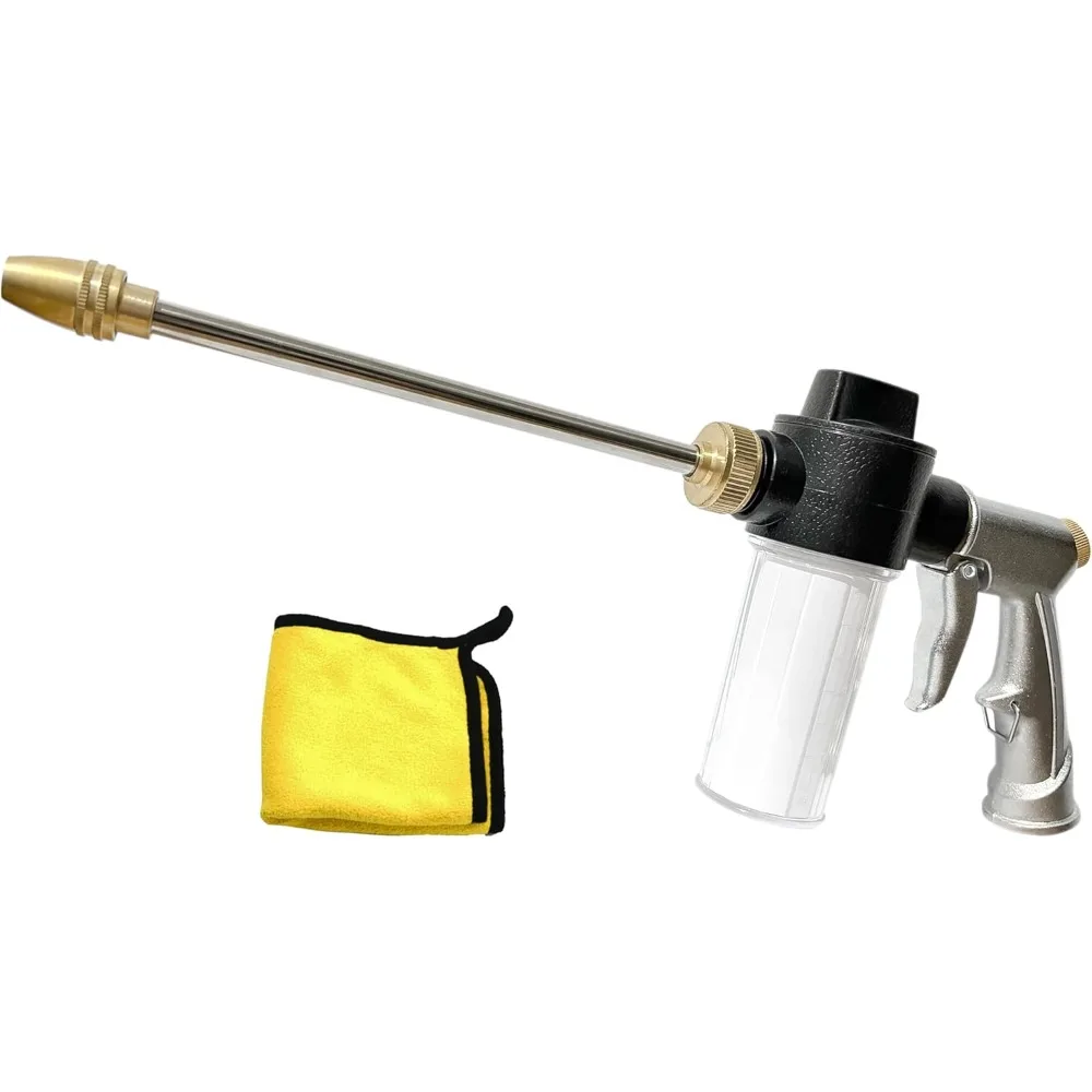 

Пистолет для пены высокого давления, распылитель для мойки автомобилей + полотенце для мытья, сверхмощная металлическая насадка для садового шланга с пластиковым мылом 100cc/3,5oz