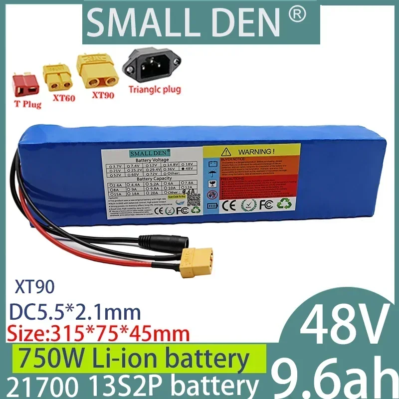 

48V 9.6Ah battery pack 13S2P 21700 with built-in same port balanced BMS power supply,large capacity rechargeable battery