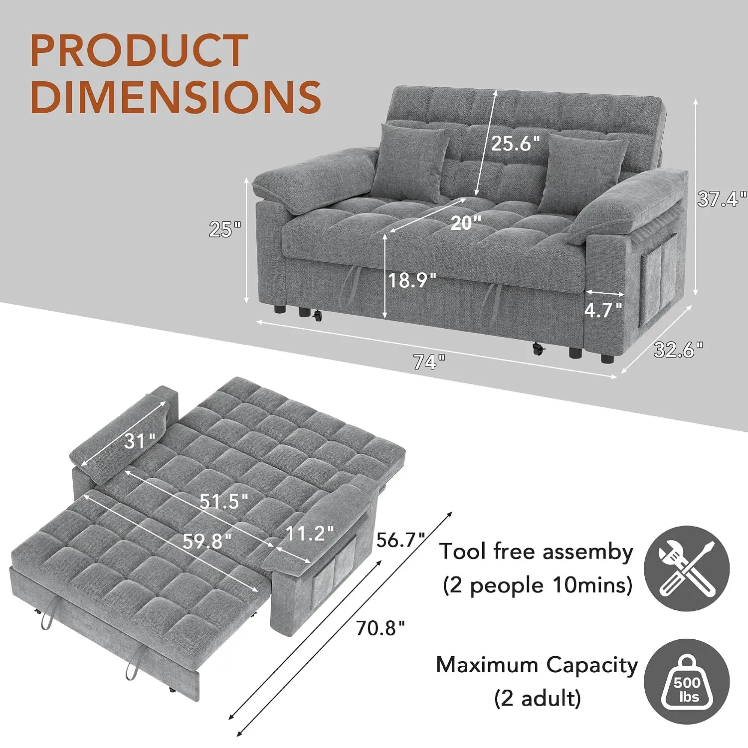 70-Inch Sleeper Sofa Bed, Loveseat Pull-Out Couch with Fold-Down Table, USB Ports, Side Pockets & 5-Position, Customized
