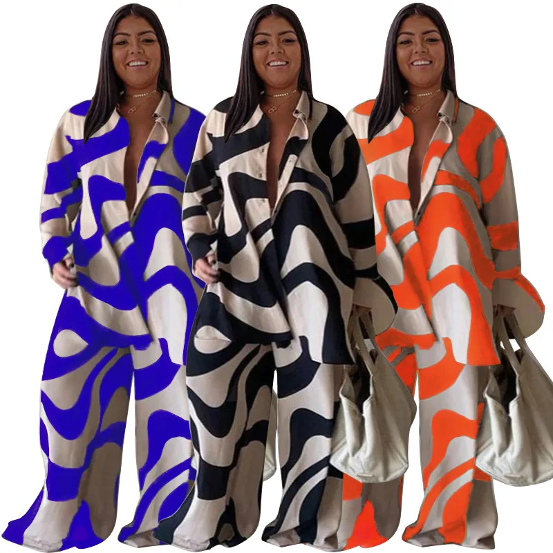 Large Size Faionable Printed Long Sve irt And Trousers Set for Women Summer 2024 Universal Fit Other Material 00%