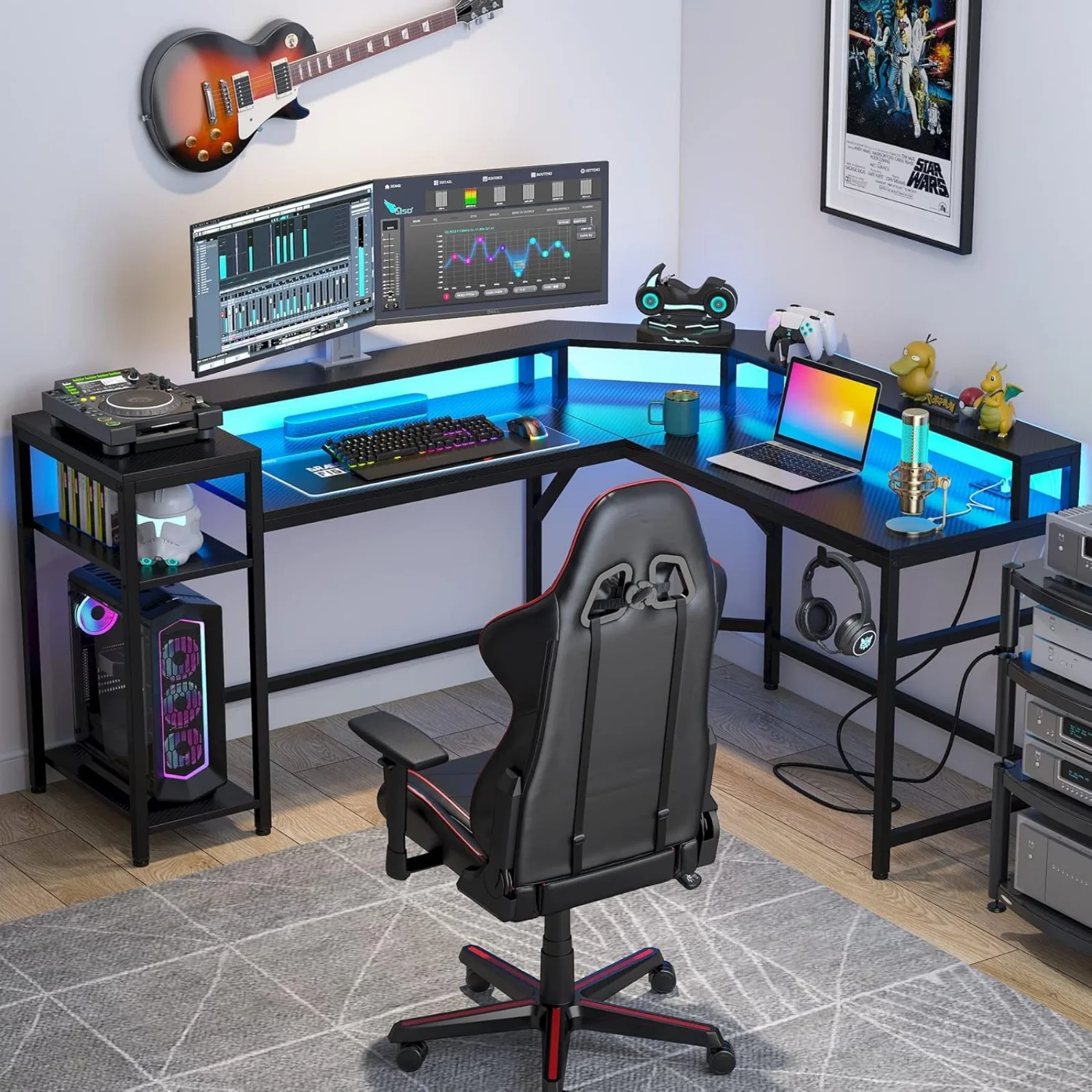 US L Shaped Gaming Desk: Computer Desk with Power Outlet & LED Stripe, Modern Coner L Desk with Storage Shelves for Home