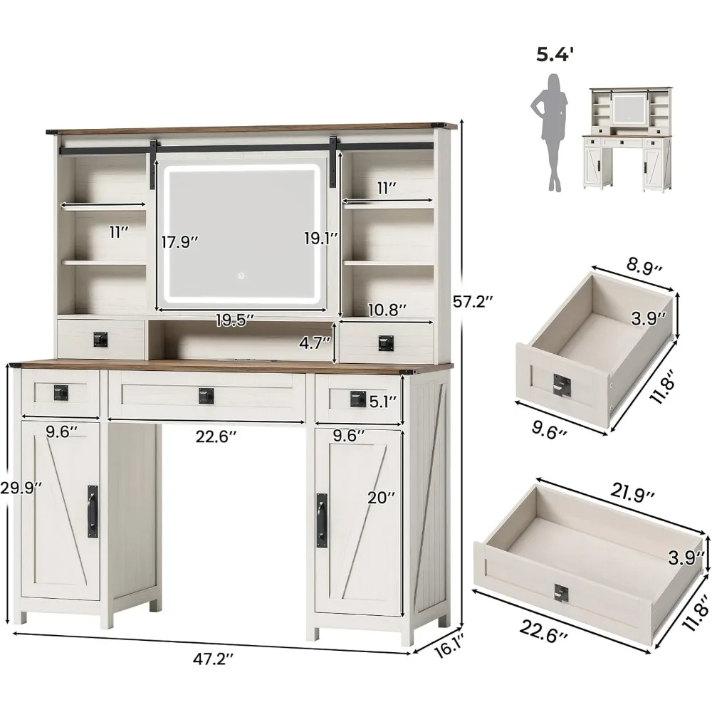 Farmhouse Makeup Vanity Desk with Sliding Mirror and Lights, 47.2