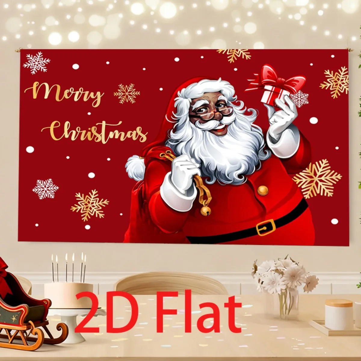 خطة ثنائية الأبعاد، لافتة عيد الميلاد الأمريكية الأفريقية سانتا كلوز - تصميم أحمر وندفة الثلج