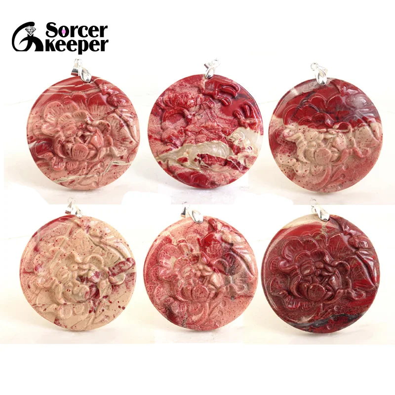 1PCS Hand Carved Peony Flower Natural Red jasper Stone Pendant Beads For Men Women Necklace Jewelry Bloodstone Figurine BG394