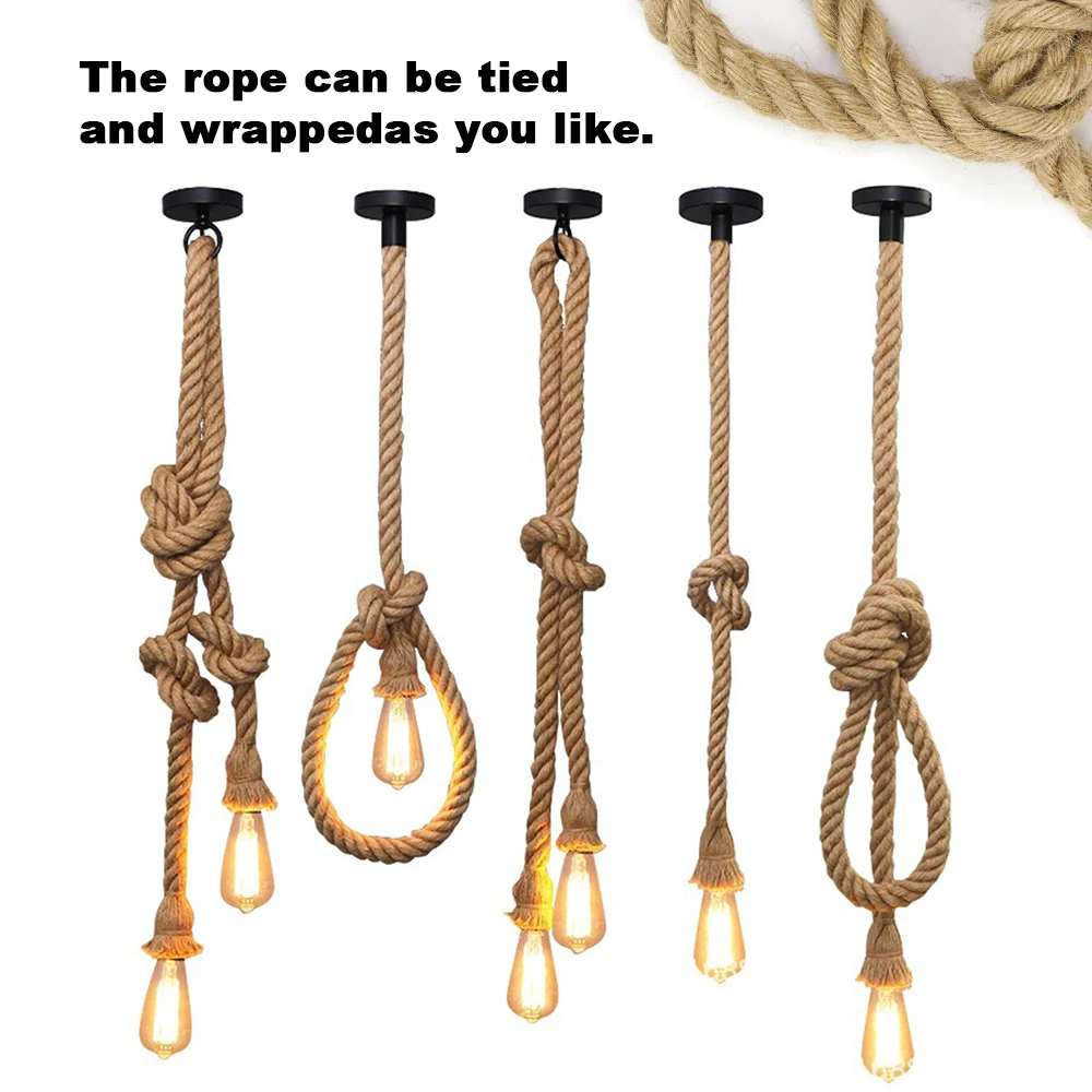 خمر حبل القنب الرجعية مُثبتة في السقف مصباح E27 قاعدة لوفت الصناعية مصباح معلق Pendang ضوء ديكور المنزل عناصر ديكور ذاتي الصنع