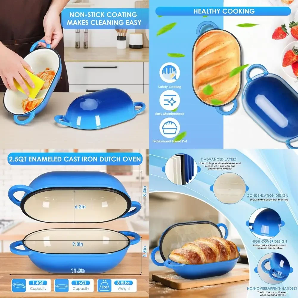 

Blue Enamel Cast Iron Dutch Oven, 2.5 Quart, Oven-Safe for Sourdough Bread, Non-Stick with Lid