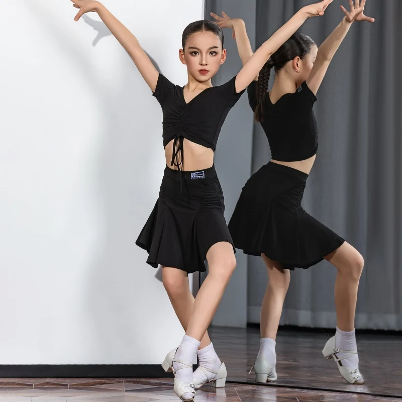 2025 New Latin Dance Performance Costumes For Girls Black Tops Split Skirts Suit Chacha Rumba Tango Kids Latin Clothes DQS20230