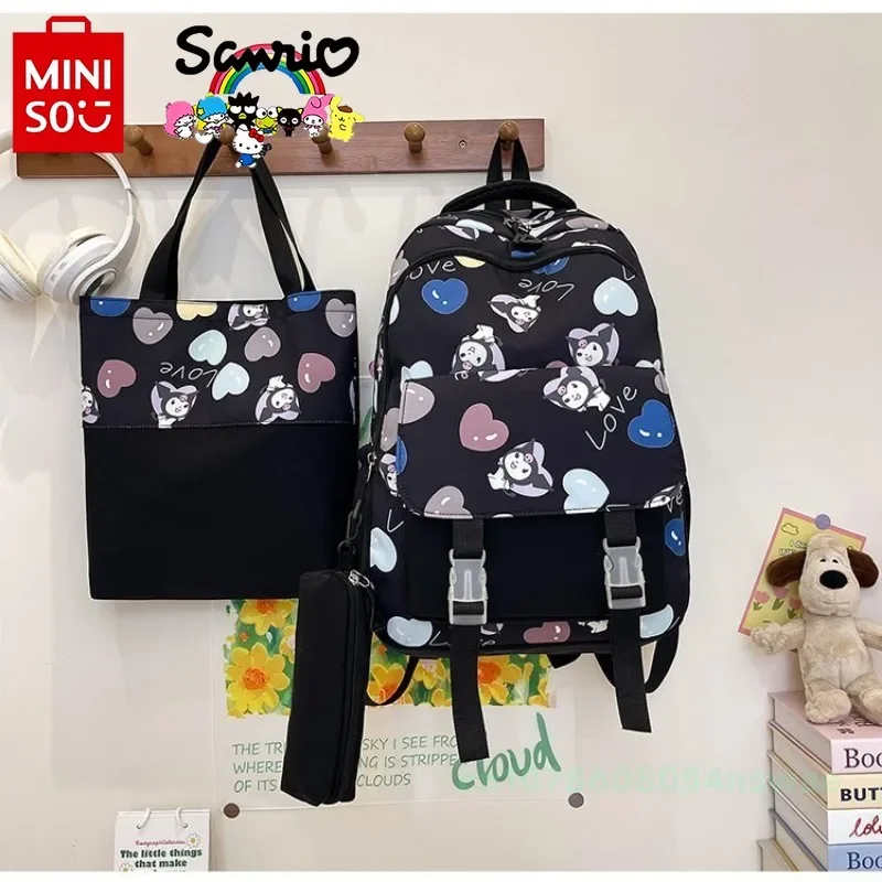 Miniso Kulomi Mochila Feminina, Mochila Escolar dos Desenhos Animados, Grande Capacidade, Estudante Feminina, Multi Funcional, Novo, Conjunto de 3 peças