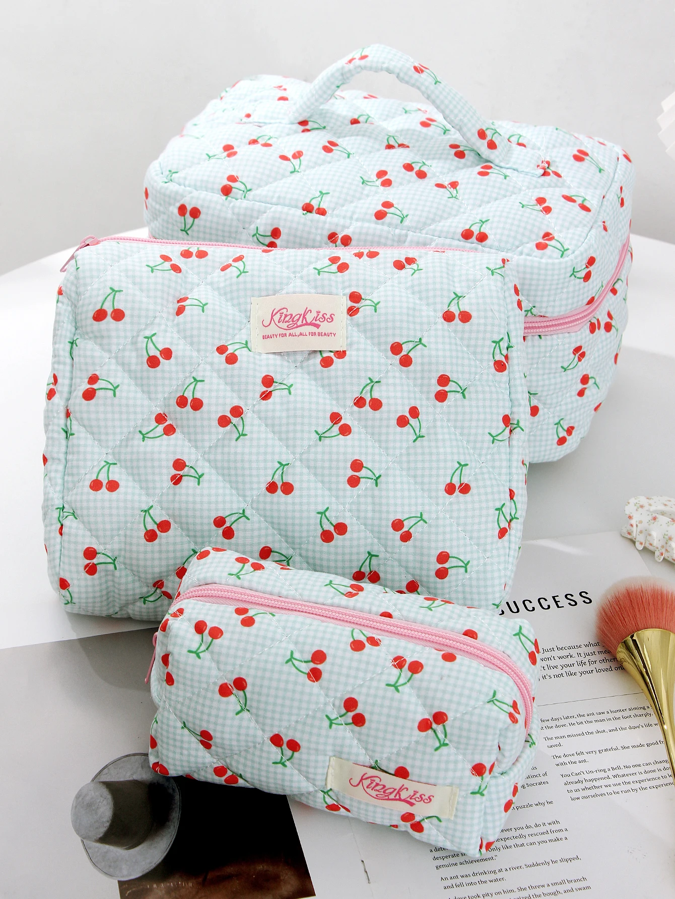 1 unid/set de bolsa de maquillaje acolchada con estampado de cuadros y cereza, bolsa de cosméticos de gran capacidad, conjunto de bolsa de maquillaje, bolsa de maquillaje, organizador de cosméticos