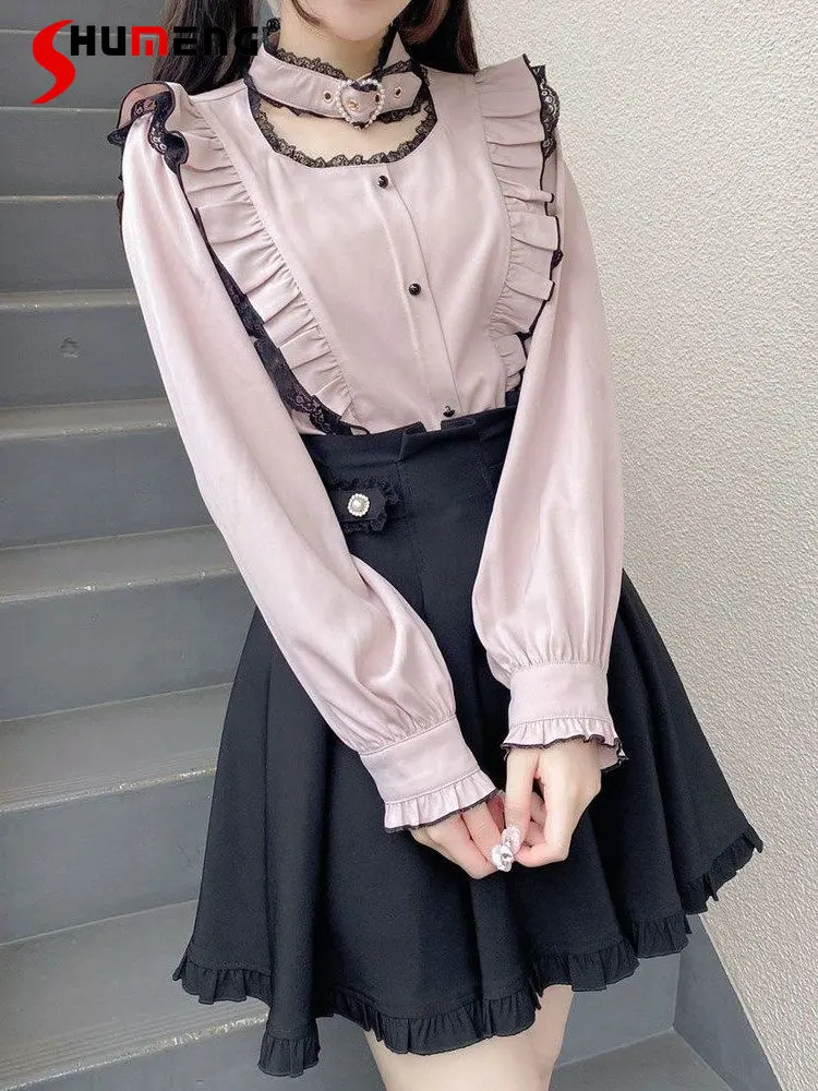 

Lolita Japanese Girlfriend Series Long Sleeve Shirt Female Student Elegance Sweet Heart-Shaped Buckle Ruffled Blouses for Women