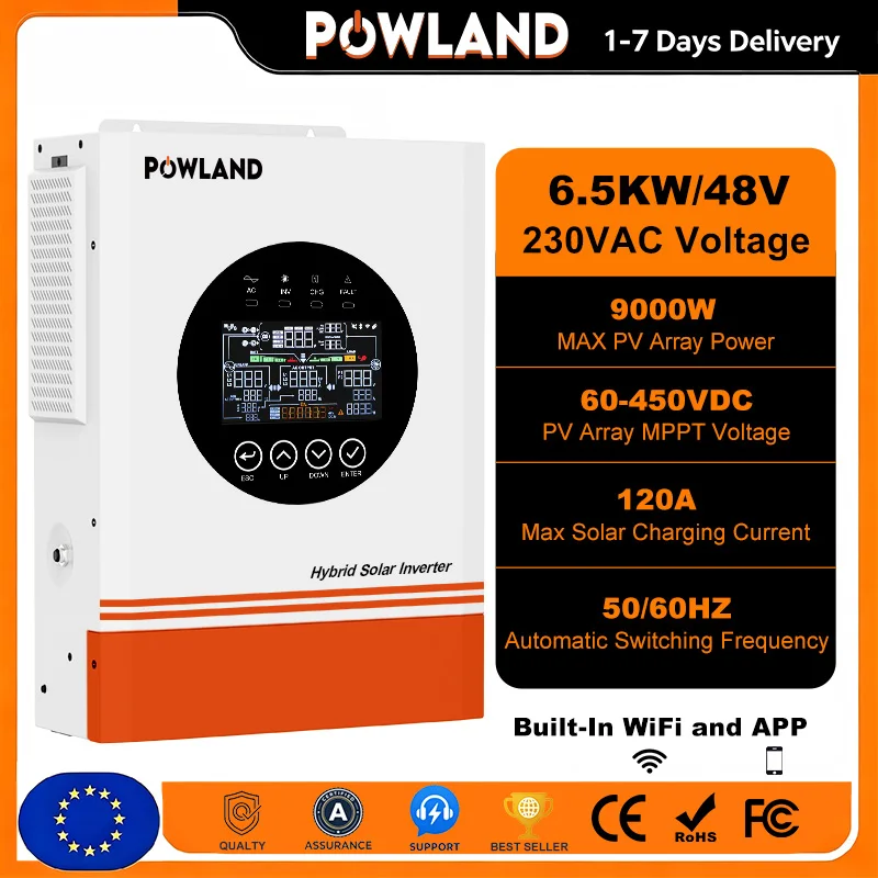 POWLAND 6.5KW 48V 220V Hybride Solar Inverter 120A MPPT Solar Controller Oplader Pure Sine Off Grid Inverter met WiFi RS485