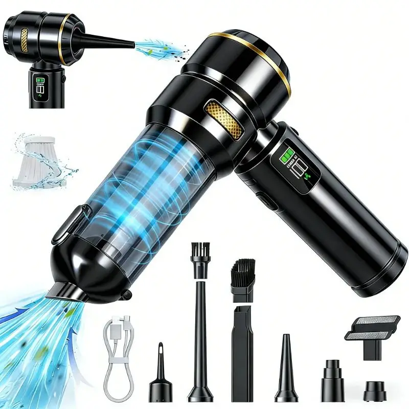 Tragbarer Handstaubsauger für Auto und Haushalt, kabellos, mit Saugfunktion, Gebläse, integriertem LED-Licht und bürstenlosem Motor.