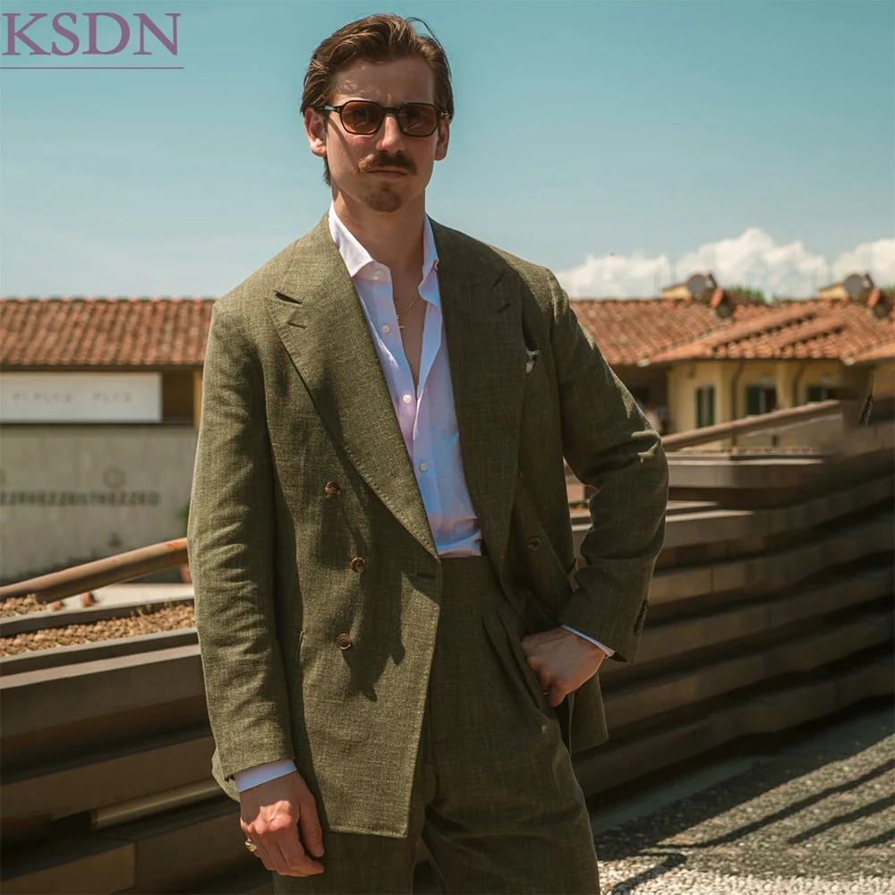 Elegant Men's Suits Luxury Double Breasted Beach Wedding Linen 2 Piece Jacket Pants Outfits Customized Party Terno Masculino