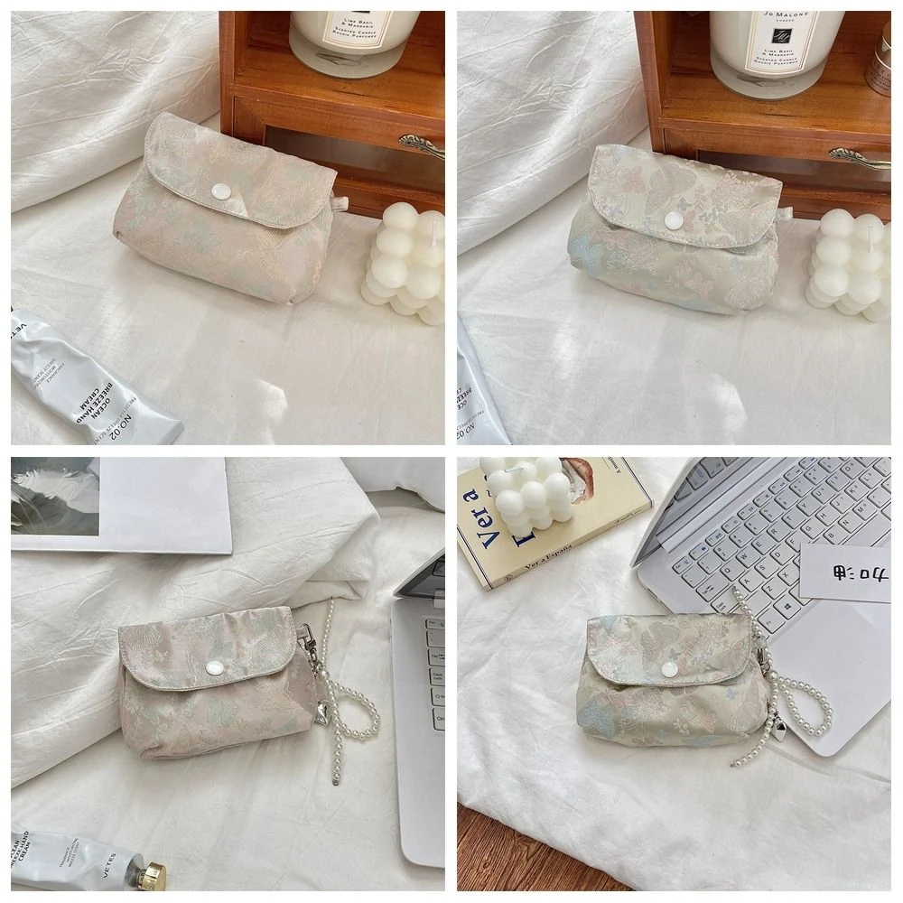 Lovely Embroidery Button Coin Purse Pearl Keyring Lightweight Small Lipstick Bag Sweet Butterfly Chinese Style Storage Bag Daily