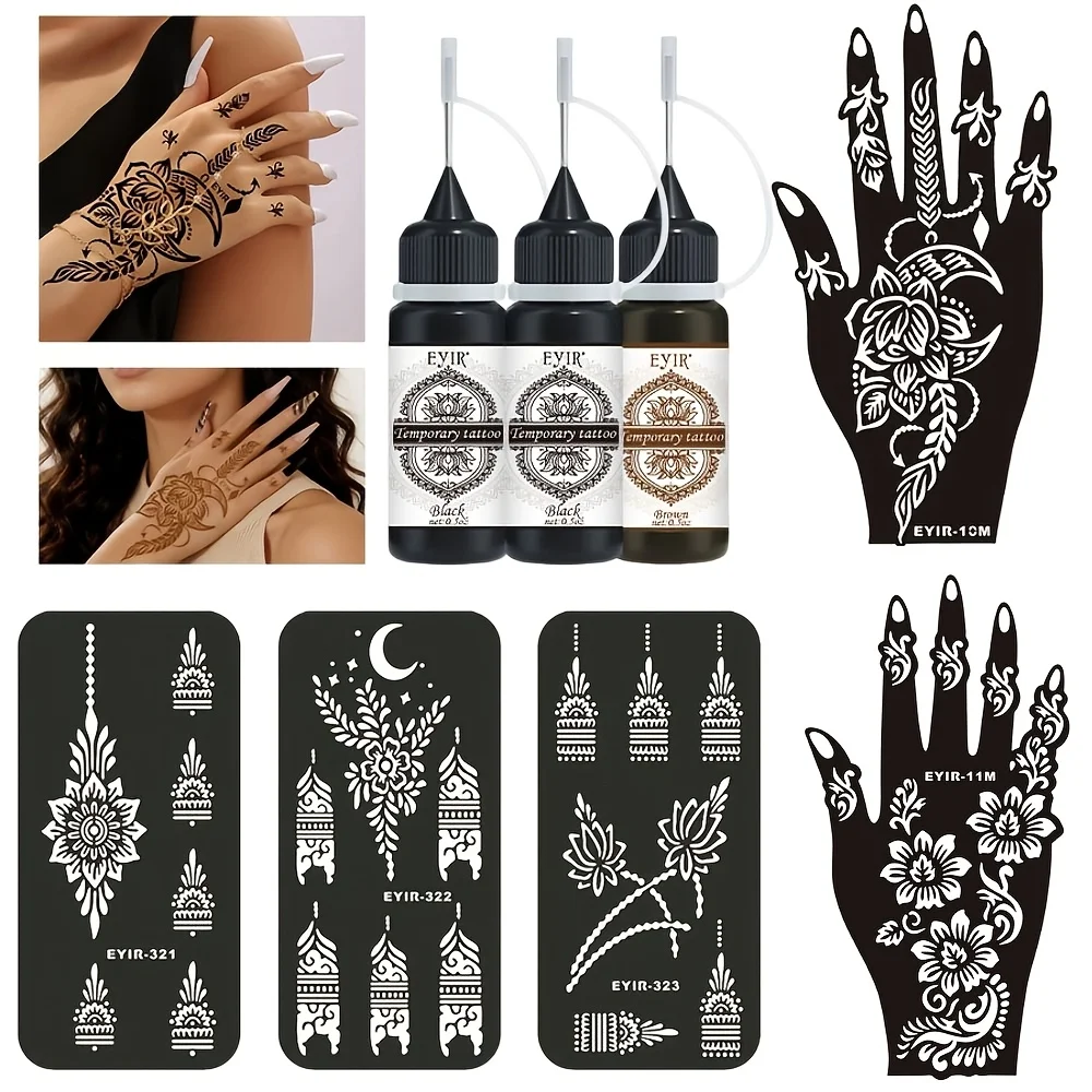 Henna Tattoo Kit 3PCS Temporary Tattoo Gel With Reusable Floral Stencils DIY Body Art Hand Painting Festival Party