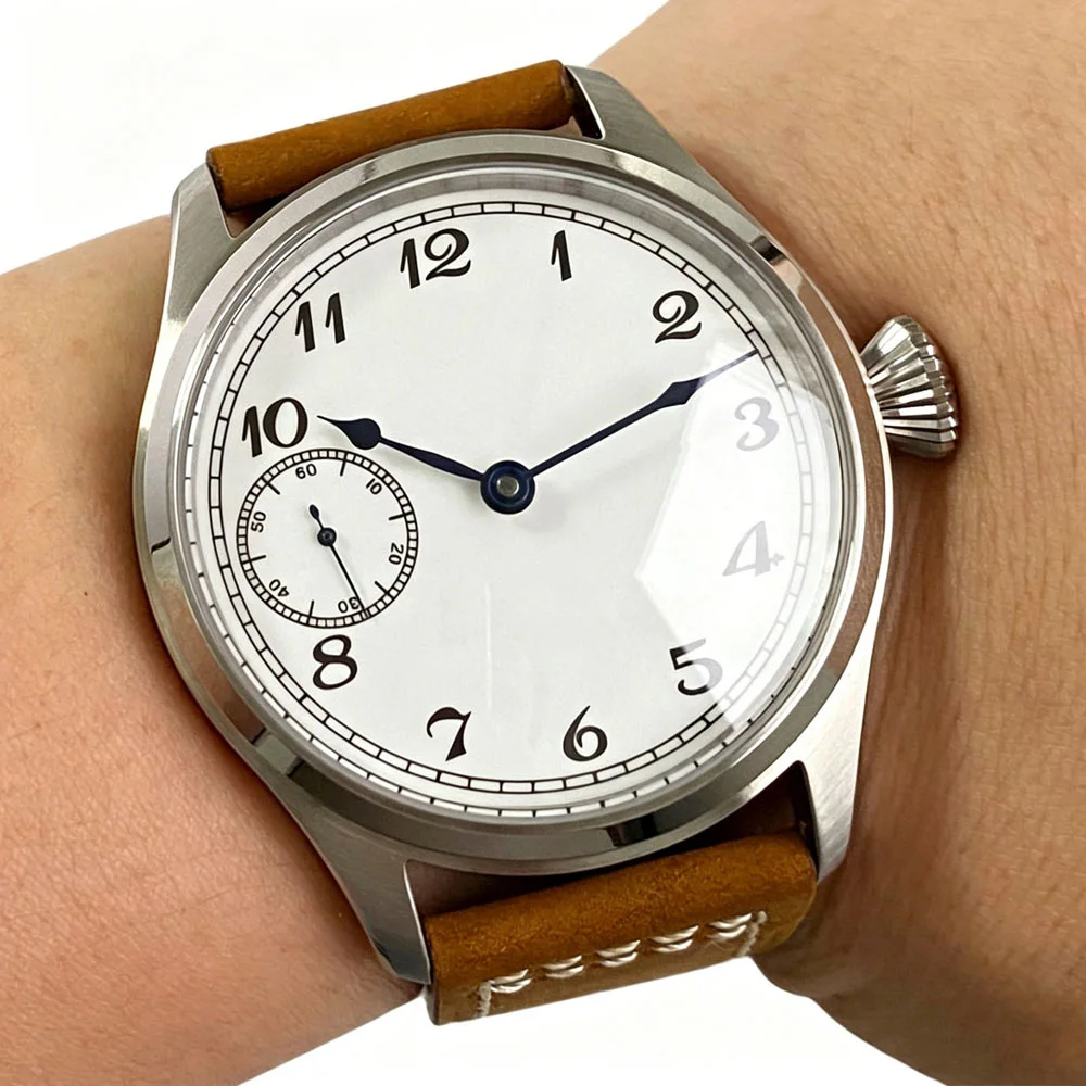 

Sterile 42mm Vintage Pilot Watch Asia 6497 Hand-Wind ST3600 Mechanical Watches Men White Dial Leather Strap Sapphire Glass