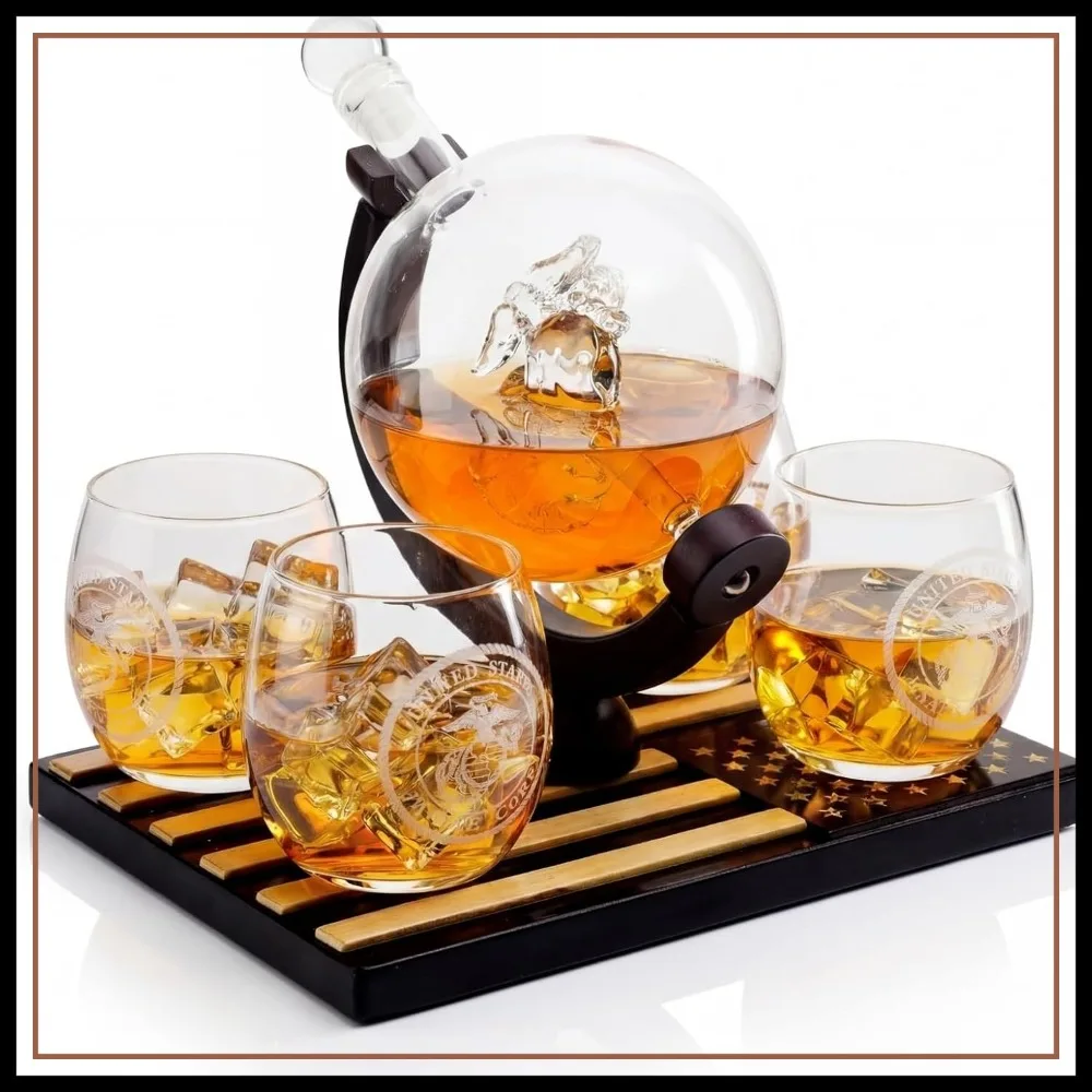 

U.S. Marine Globe Whiskey Decanter Set with 4 Glasses - Wood Flag Base, Veteran Gift for Dad, Navy, USA Flag