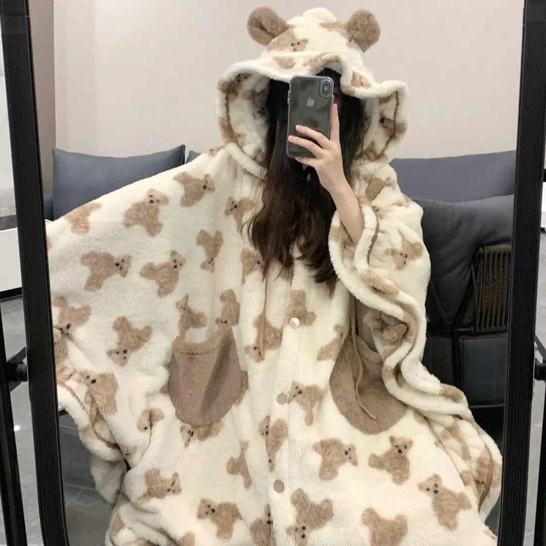 Girl Cute Bear Cape Coral Velvet Pajamas Women Winter Warm Thickened Soft Bathrobe Medium-length Robe Sleepwear Kawaii Homewear