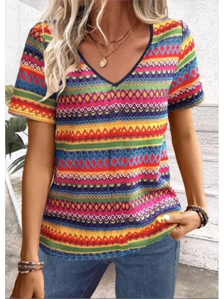 

Fashion Striped Print T Shirt Top Lady Casual V Neck Short Sleeve Pullover Tshirts Tops For Women Boho Holiday Womens Clothing