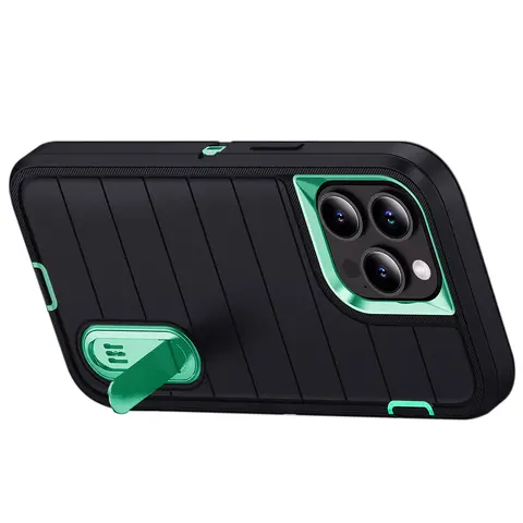 För iPhone 15/iPhone 15 Plus/iPhone 15 Pro/iPhone 15 Pro Max-skal med 3 lager, kraftigt skyddande stativ, svart grönt 10 best sales iPhone 15 Pro-skal - №5