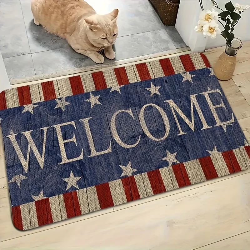 American Flag Welcome Print Doormat Patriotic Stars and Stripes Design Non Slip Floor Mat for Home