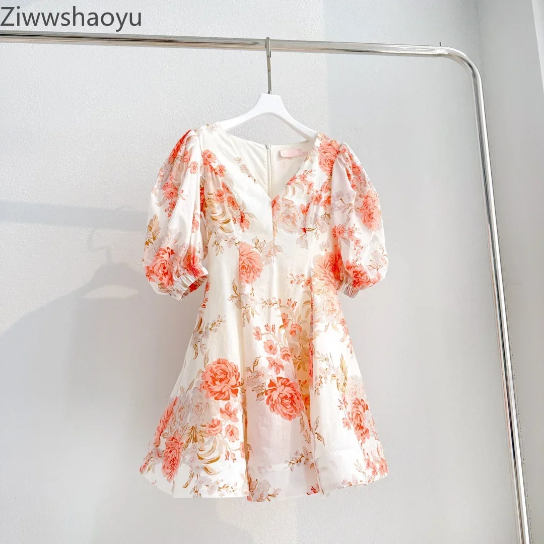 

High Quality Autumn Women Fashion Runway Designer Ramie Flower Print V-Neck Sweet Short Sleeve Mini Dress