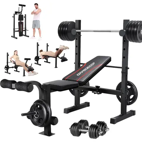 Set panca pesi regolabile multifunzione con estensione delle gambe per squat rack e stazione per arricciare le gambe per palestra domestica: inclinazione piatta pieghevole