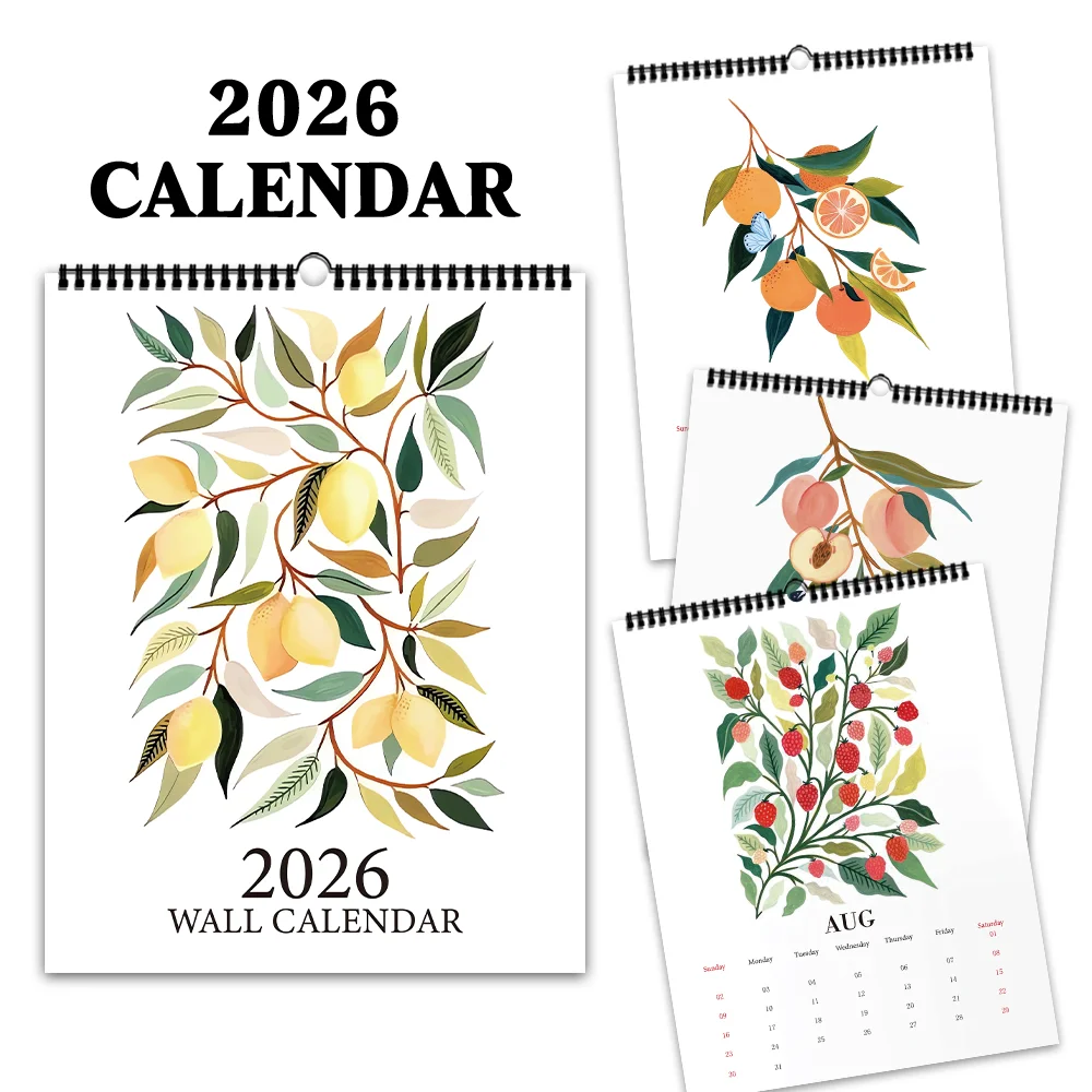 

1 шт. 2026 настенный календарь, художественная растительная тема с фруктами, 12 красивых дизайнов, ежемесячные планы, идеальный подарок на дни рождения, Рождество, Новый год