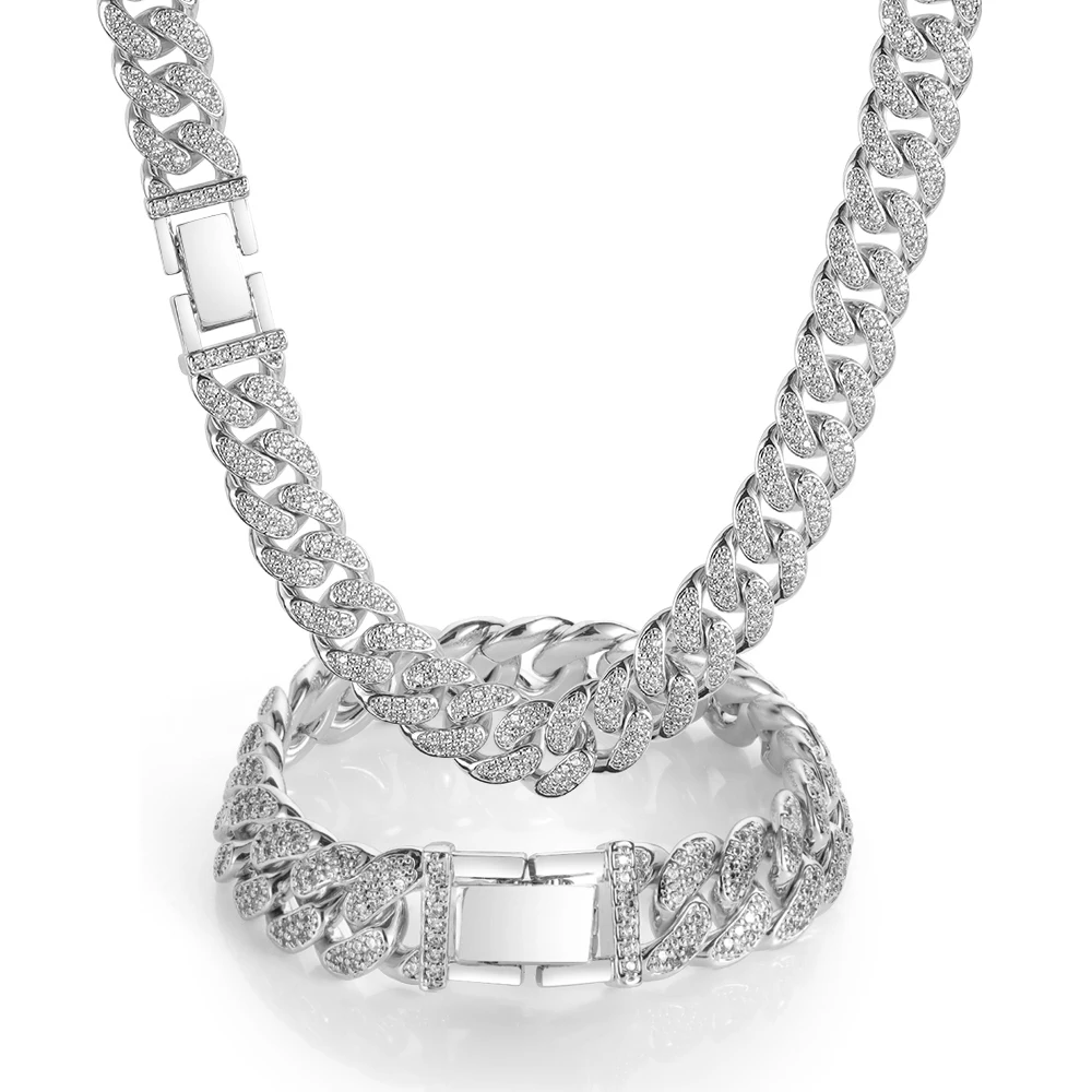 

HHIOK Hip Hop Style Sparkling Jewelry 12mm Wide iced Out Cuban Necklace Bracelet Fashion Men's Exclusive Jewelry