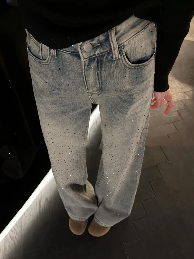 

Джинсы с эффектом ретро и стразами, женские повседневные прямые брюки с высокой талией в корейском стиле, новинка 2026 года, синие джинсовые штаны на молнии