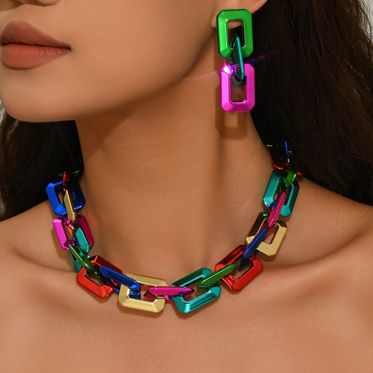 Colorful Splicing Earrings, Necklace Set, Women's Jewelry Set, Punk Style, Women's Accessories, Fashion Wedding Party Accessorie