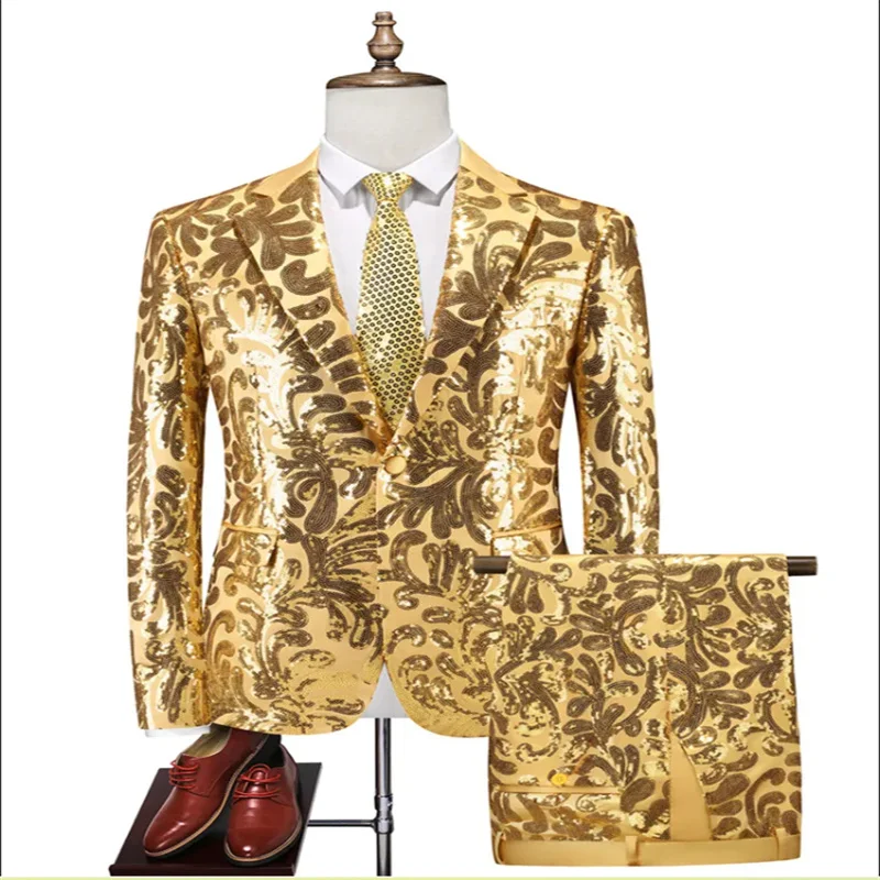 

(Jacket and Pants) New Men's Luxury Sequined Suit Two-piece Set, Fashionable Singer Hosting Dance, Party, Performance Set