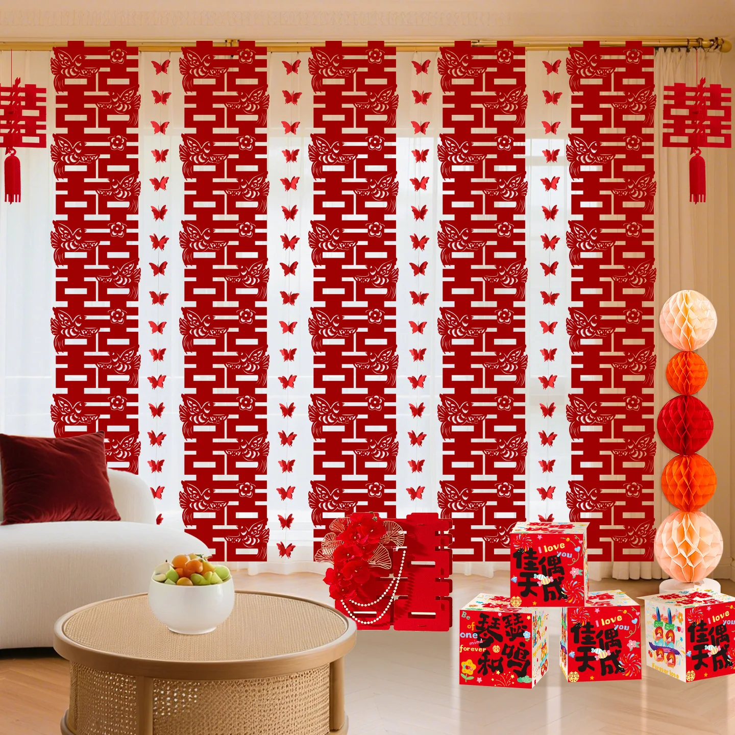 

Wedding Room Decor Set Exclusive for Marriage Ceremonies Double Happiness Pull-Out Decor Wardrobe Backdrop Wall Long Xizi Decor