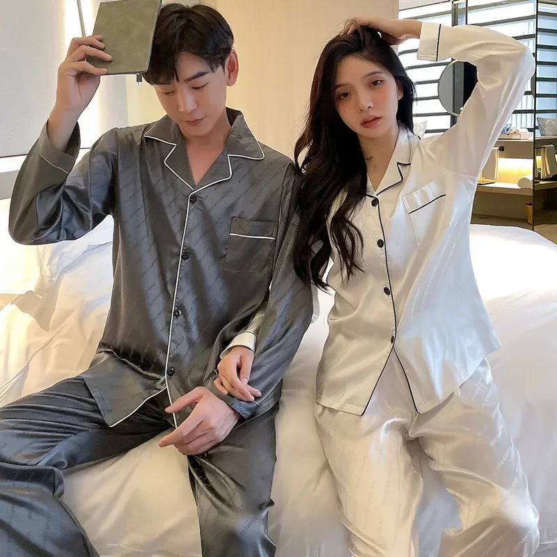 زوجين منامة الربيع والخريف الحرير الجليد طويلة الأكمام السراويل الطويلة رقيقة الراقية حجم كبير 100 كجم الرجال والنساء المتسكعون مجموعات #3