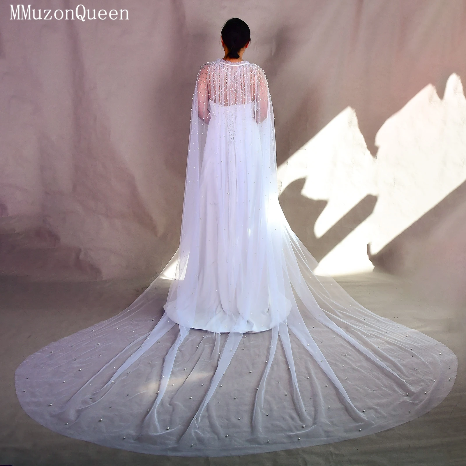 TOPQUEEN VG02 Ladies Luxury Dress Tulle Coat Wedding Cathedral Trailing Free Yards Cape Bridal Dense Pearl Lace up Shawl