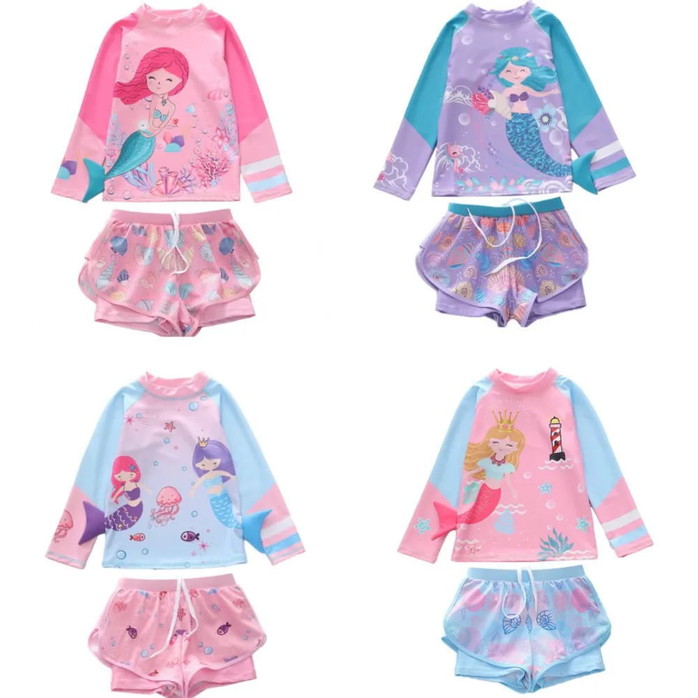 

Детский купальник-рашгард для девочек, двухсекционный, с длинным рукавом, с юбкой-шортами, для пляжа и спорта