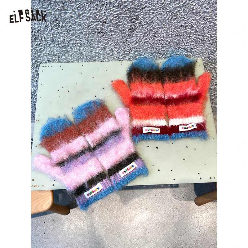 

ELFSACK 2025 Winter New Arrivals Soft Y2K Stripe Gloves For Woman