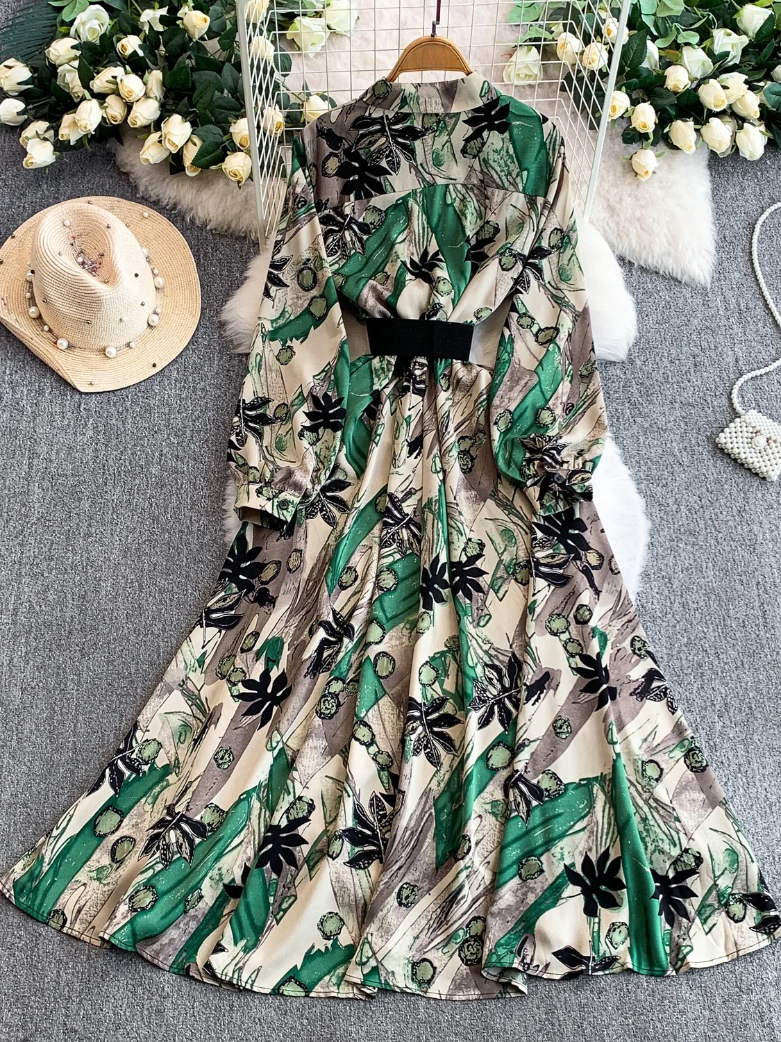 Rétro imprimé fleuri col rabattu longue Dr femmes automne hiver simple bouton minceur jupe complète Dr a-ligne Silhouette