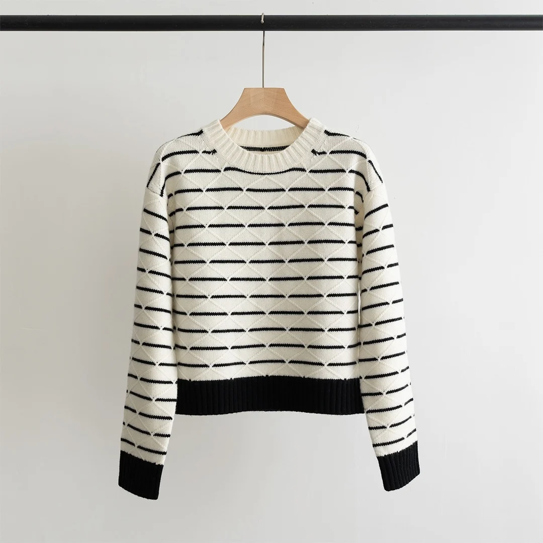 High quality new round neck wool women's striped sweater, simple and versatile sweater