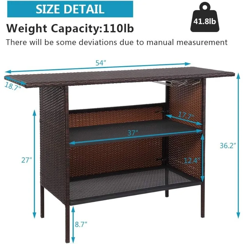 Wicker Outdoor Bar Table with 2 Steel Shelves, Sets of Rails, Rattan Patio Storage for Backyard, Poolside, Garden