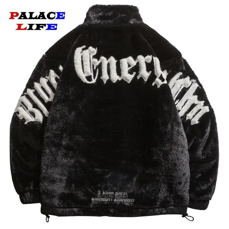 

Hip Hop Winter Faux Fur Rabbit Hair Jacket Parkas Men Streetwear Embroidery Letter Thicken Warm Padded Coats Men Clothing