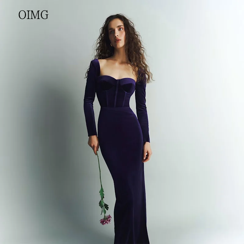 OIMG Elegant Purple Sweetheart Neck Mermaid Prom Gowns Long Sleeves Party Gown Velvet Floor Length Evening Dress Customized